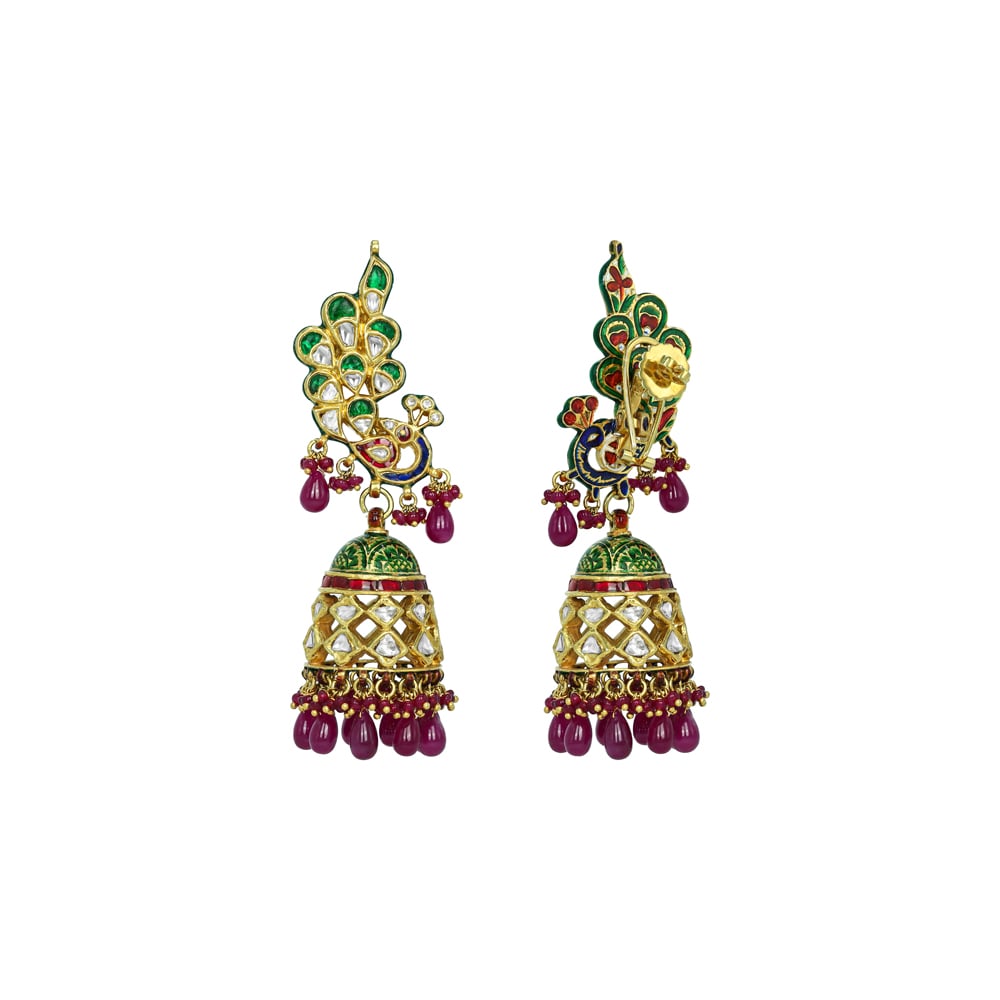 Peacock Motif Jhumkas with Green-Red Enamel and Ruby Drops